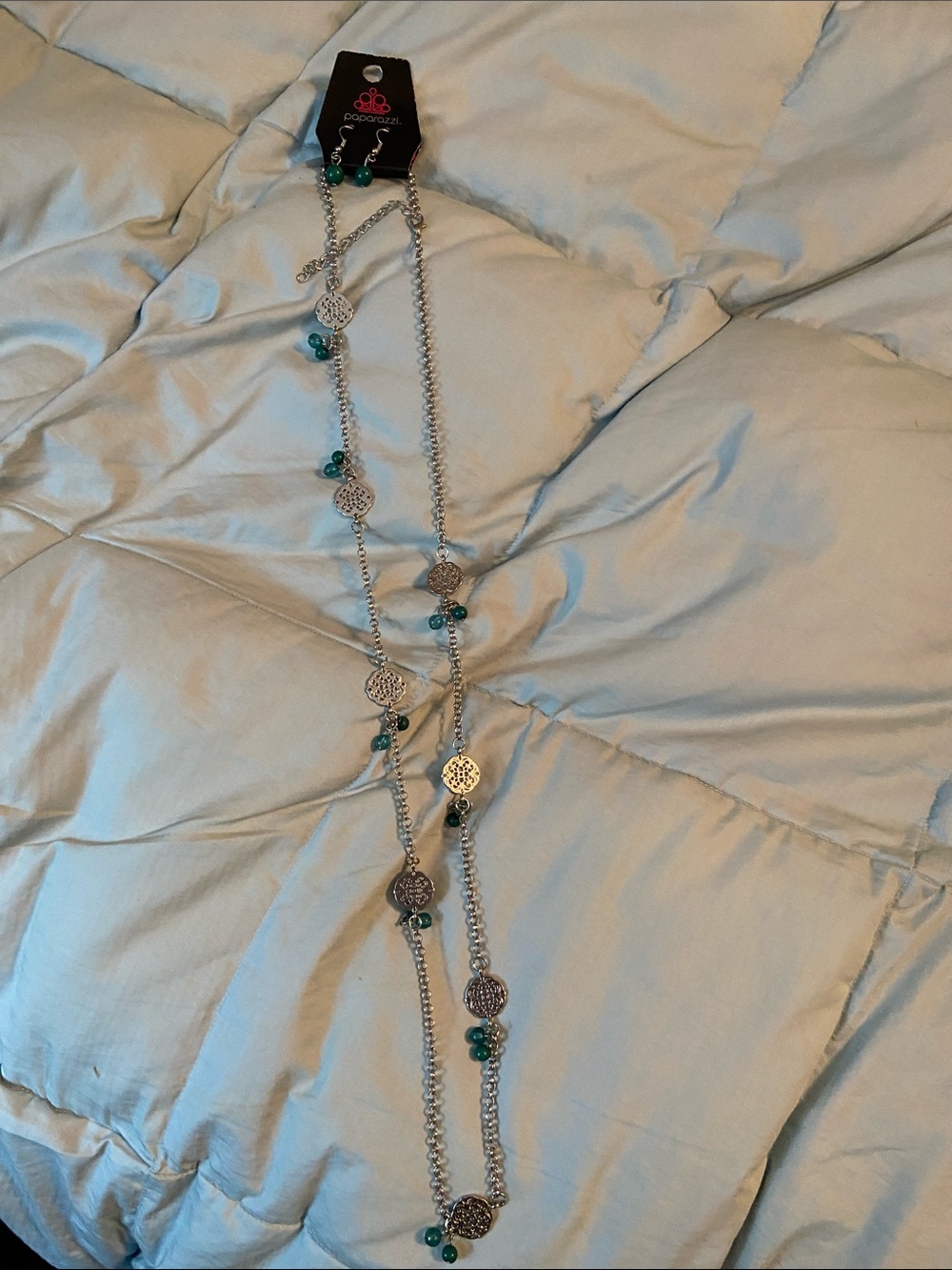 Paparazzi Silver Tone Necklace with Teal Green Beads